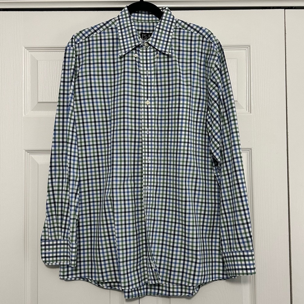 Jos. A. Bank Traveler’s Collection‎ Button Down Shirt Blue/Green Plaid Large EUC